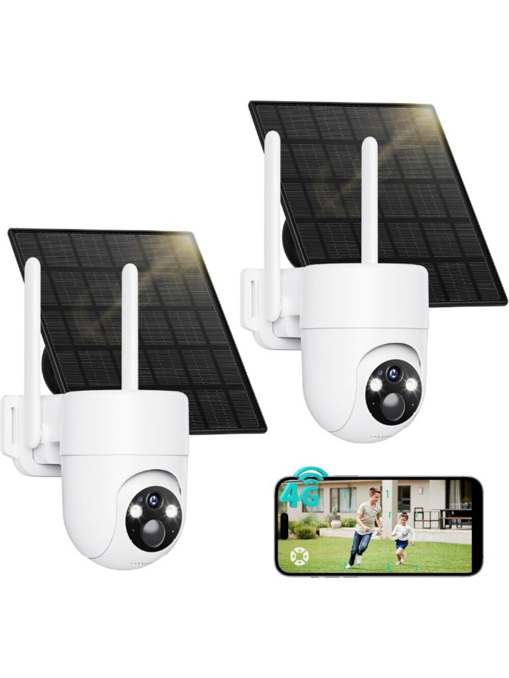 2-Pack Solar Powered 4G LTE Security Cameras - 2K Wireless, No WiFi, Color Night
